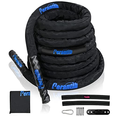 Perantlb 100% Poly Dacron Heavy Battle Rope - 1.5", 30' 40' 50' Lengths - Upgraded Durable Protective Sleeve - Gym Muscle Toning Metabolic Workout Fitness - Anchor Strap Kit Included (1.5" x 50 ft)