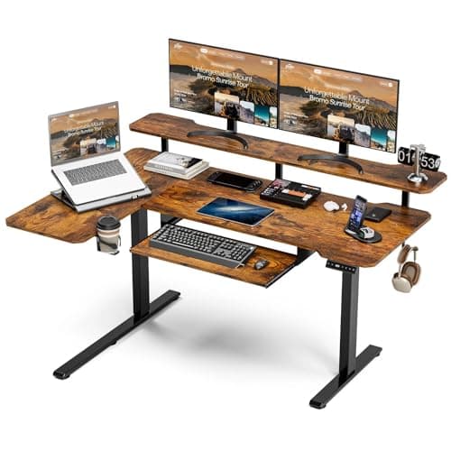 Acrolix 59 Inch L Shaped Standing Desk with Shelves and Keyboard, Electric Corner Standing Desk Adjustable Height, Sit Stand Computer Table with Reversiable Splice Board，Rustic Brown