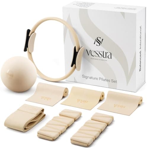 Vesstra Signature Pilates Set - Complete Pilates Kit with Ring, Ball, Wrist and Ankle Weights & Resistance Bands for Home or Studio Workouts