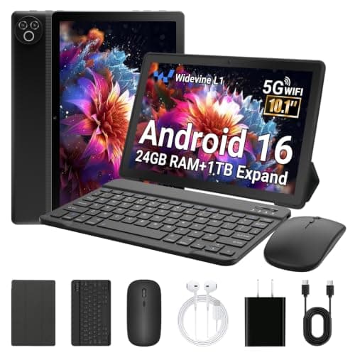 Tablet, 10.1 Inch Android 16 Tablet with 24GB RAM 1TB Expansion, 6000mAh Battery, 2-in-1 Tablets with Keyboard Mouse Pen Protective Case, Dual 5MP+8MP Camera, WiFi 6, BT 5.4, Face Unlock, Widevine L1