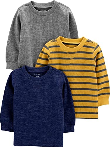 Simple Joys by Carter's Boys' 3-Pack Thermal Long Sleeve Shirts, Grey/Navy Heather/Yellow Stripe, 6-9 Months
